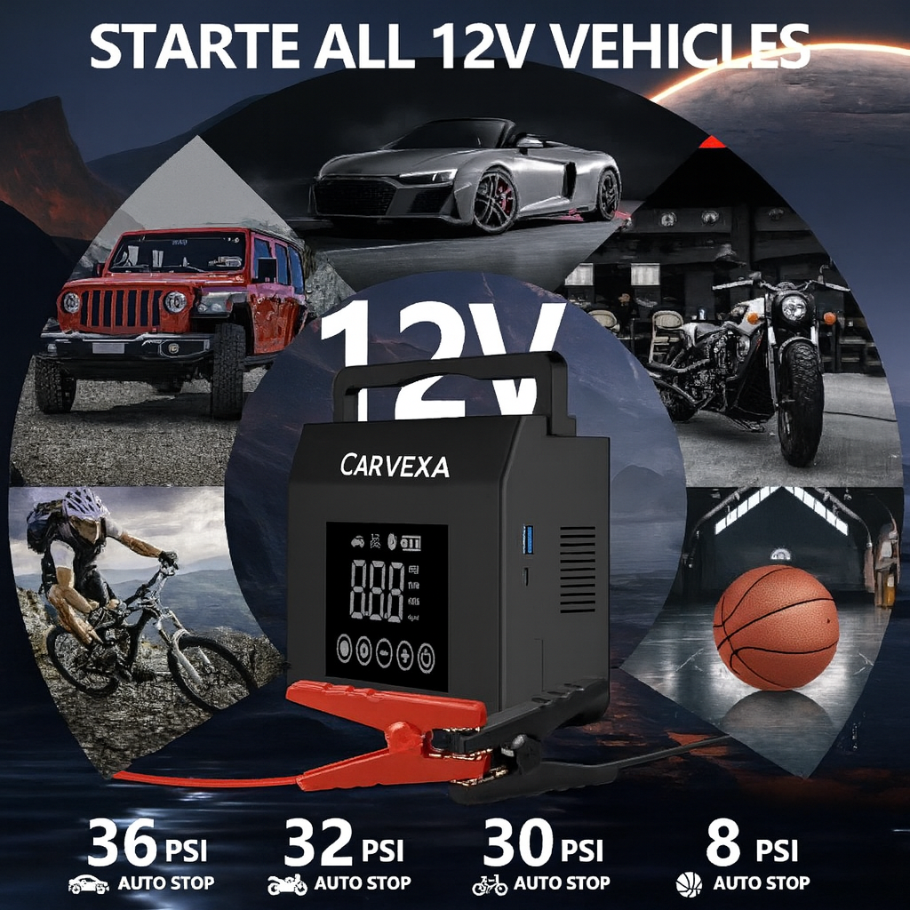 Carvexa - 4000A Portable Car Jump Starter with 150PSI Tire Inflator & 15000mAh Power Bank - Essential Emergency Tool with LED Light